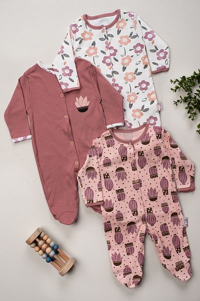Mıdırık Baby Girl Newborn 3-6-9 Cactus Floral Patterned 3-Piece Jumpsuit with Booties Newborn Clothes Set