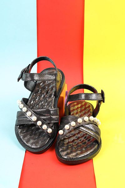 Moda Lime Girls' Sandals Bead and Ribbon Detailed Velcro Flexible Sole Slippers