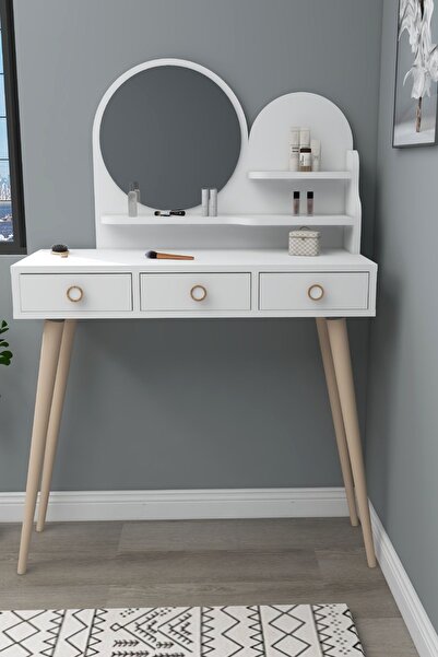 ARNETTİ Ruges Çekmeceli Ahşap Ayaklı Aynalı Makyaj Masası, Beyaz - Ruges