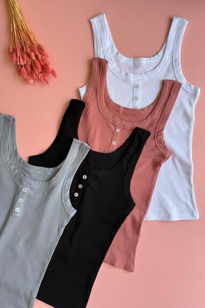 Ahmio Livora 2-Piece Lycra Cotton Rib Tank Top with Buttons and Comfortable Design (White and Light Blue)