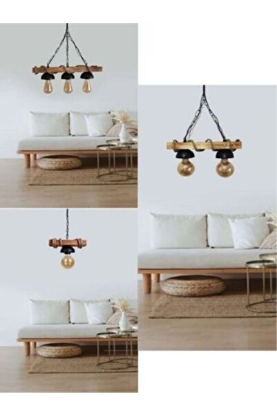 retroelektrik Doğal Ahşap 3 Lü Set Halatlı Rustik Tasarım Avize