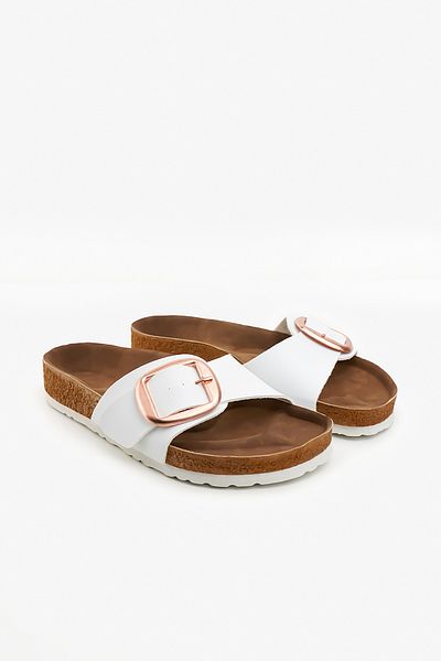 Blyss Women's Slippers White Leather Skin Summer Single Buckle Adjustable Stylish Daily Slippers
