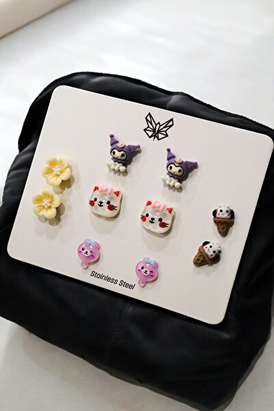 MakeWell Çelik Kararmaz Kuromi Hello Kity Tavşan Civciv Mickey Mouse Tasarımlı 5li Çelik Küpe Seti