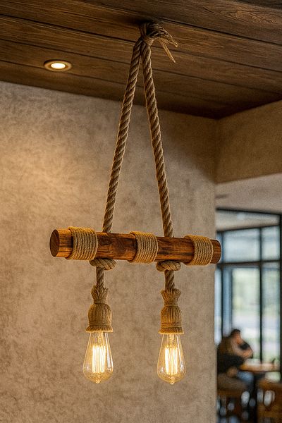 aybükpabuç Natural Coated Jute Rope Wooden Chandelier Pendant Lamp Rustic 2-Piece Lighting