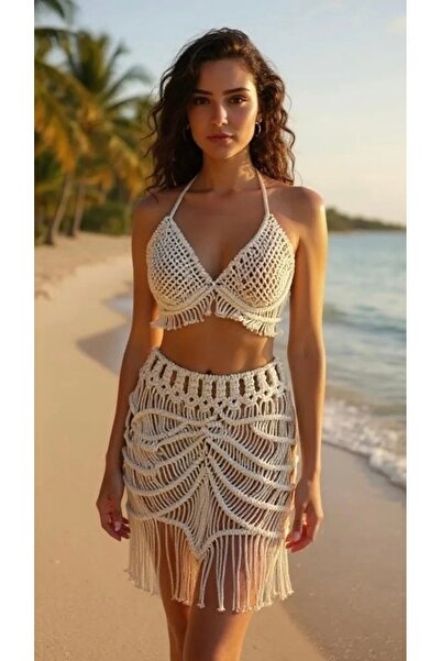 Zuviel Deco Handmade El yapımı makrome tasarım ikili plaj takım, plaj elbisesi