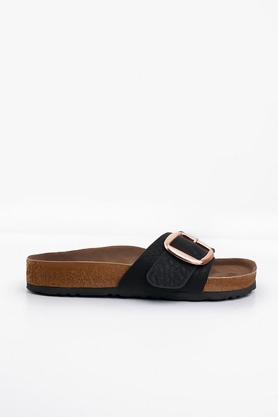 Blyss Women's Slippers Black Skin Leather Skin Summer Single Buckle Adjustable Stylish Daily Slippers