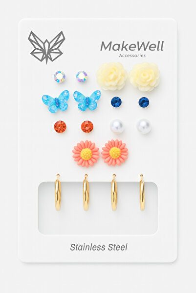 MakeWell أقراط من الفولاذ غير قابلة للتشويه، أقراط من الفولاذ على شكل فراشة وردية وزهرة ديزي