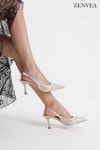 Zenvea Women's Beige Satin Stone Pointed Toe Thin Heels Orthopedic 5 Point Evening Dress Shoes Heel Height 7cm