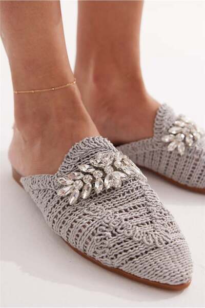 diya shoes Women's Stoned Slippers Closed Front Straw Lace Knitted Dowry Daily Sandals