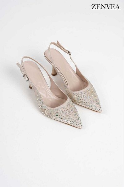 Zenvea Women's Beige Satin Stone Pointed Toe Thin Heels Orthopedic 5 Point Evening Dress Shoes Heel Height 7cm