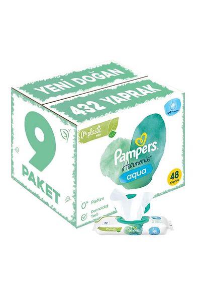 Prima Șervețele umede Pampers Harmonie Aqua pentru bebeluși (pachet de 9 = 432 de șervețele umede)