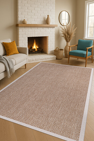 SARAZ HALI 0408-Bej Kumaş Bordür Sisal Halı Kilim Hav Toz Vermez Kolay Temizlenen Hasır Kilim