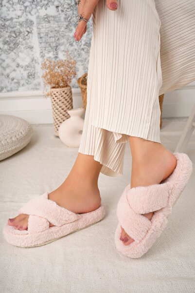 Nmoda Fluffy Plush Cross-Banded Women's Indoor Slippers Winter Soft Indoor Slippers Do Not Make Sound Sole