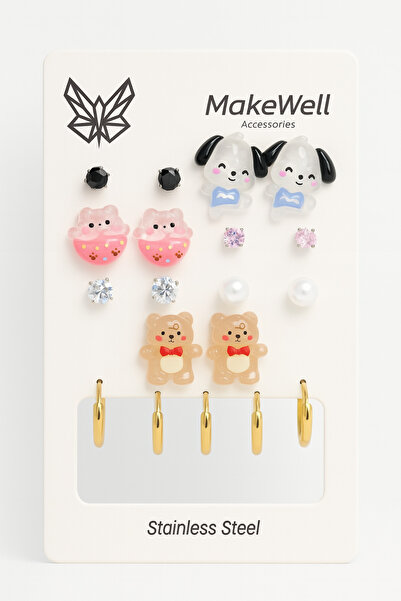 MakeWell 925s Gümüş İğneli Pachaco Köpek Donut ve Ayıcık Tasarımlı Çelik Halka Küpeli 9lu Çelik Küpe Seti