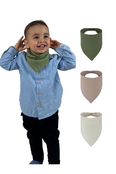 Damla 3-Piece Muslin Double Snap 100% Cotton Baby Food / Drool Bib, Collar, Neck Collar-Camel, White, Green