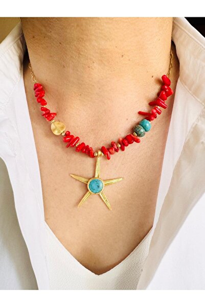 DEVİ fashion قلادة نجمة بتصميم خاص من الحجر الطبيعي والمرجان مقاس 48 سم