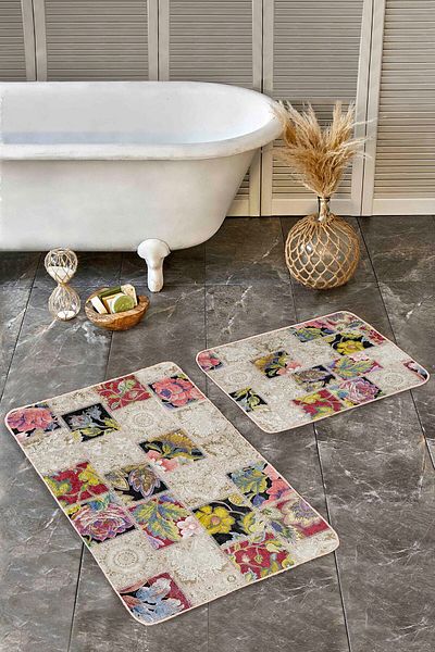 Realhomes Set of 2 Ethnic Vintage Avangarde 2-Piece Bath Mat Set with Patchwork Motif on the Traditional Floor