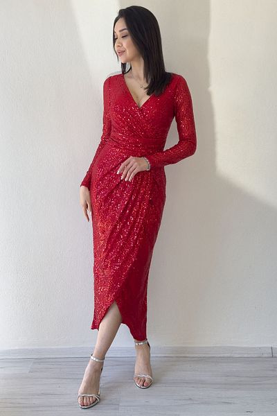 thezkscom Women's Red Sequin Design Double Breasted Collar Long Sleeve New Season Plus Size Evening Dress