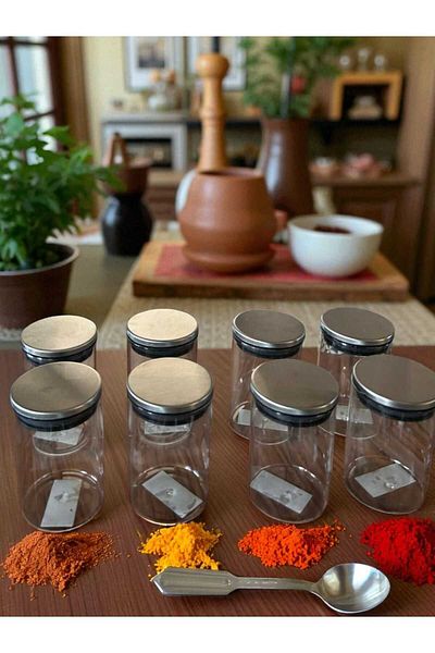 Noah Exclusive 300 ml (70 mm X 100 mm) Set of 8 Borosilicate Glass Spice Jars with Non-Leaking Silicone Metal Lid