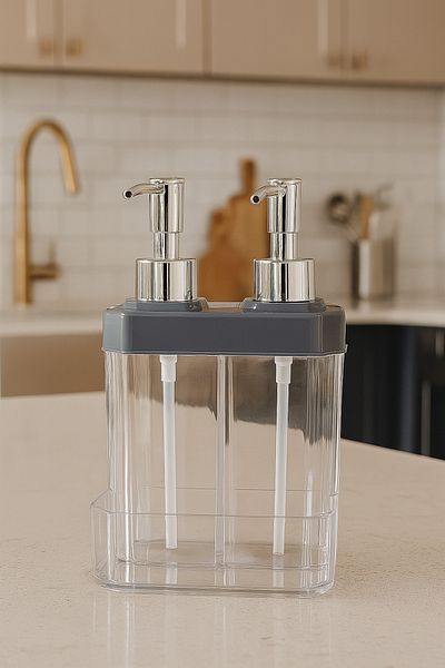 Makri Liquid Soap Dispenser with Sponge Holder, 2 Chambers, 350 ml + 350 Ml, Plastic
