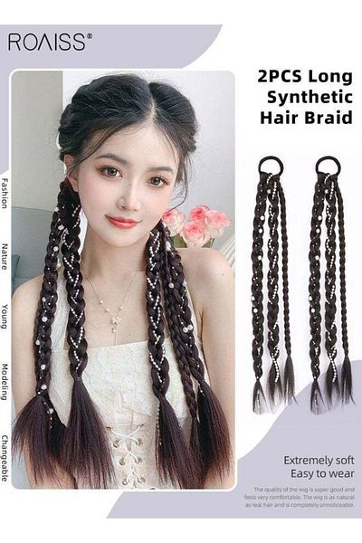ROAISS Braided Ponytail Extension with Hair Pearl Ponytail Boxing Braids Wig Braid Natural Soft Synthetic H