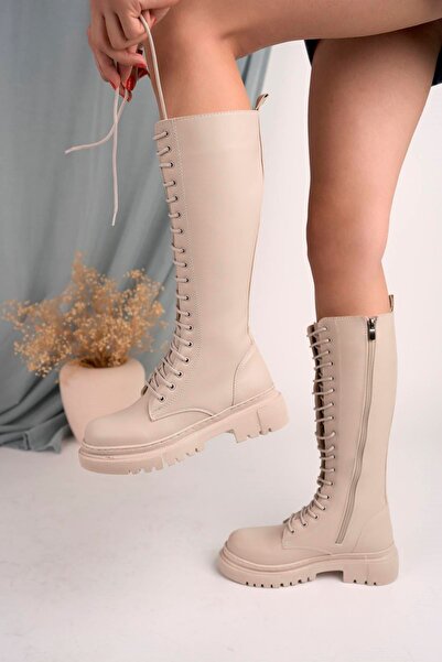 epaavm Fermuarlı Bağcıklı Uzun Krem Cilt Kadın Postal Bot