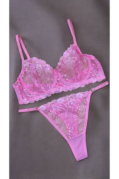 Fleur de Lingerie Set bralet brodat roz (sutien și tanga)