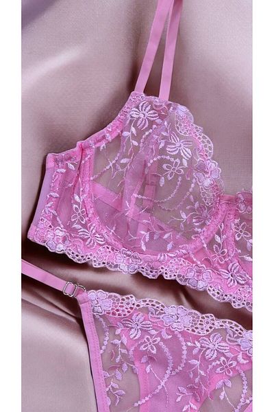 Fleur de Lingerie Set bralet brodat roz (sutien și tanga)