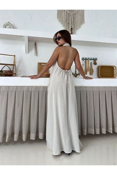 Gameyal Rochie maxi din in Alaçatı, fără mâneci, cu decolteu la spate, cu detaliu cu nasturi