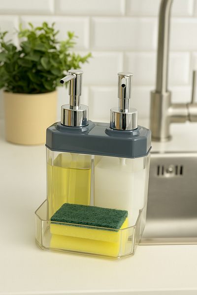 Makri Liquid Soap Dispenser with Sponge Holder, 2 Chambers, 350 ml + 350 Ml, Plastic