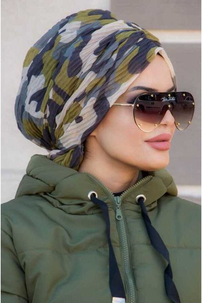 Aişe tesettür Outlet- Camouflage Pleated Buckle Bonnet