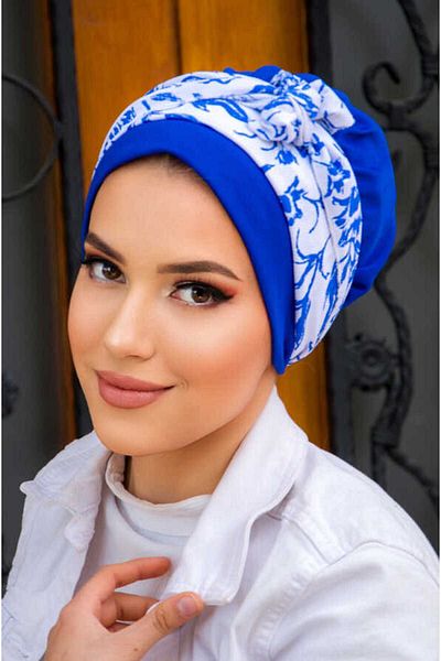 Aişe tesettür Blue and White Flower Scarf Bone-40602