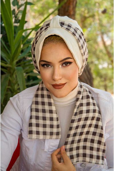 Aişe tesettür Brown Off-White Checkered Hat