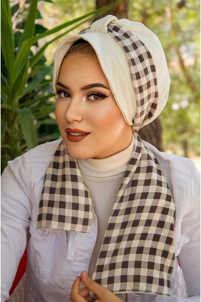Aişe tesettür Brown Off-White Checkered Hat