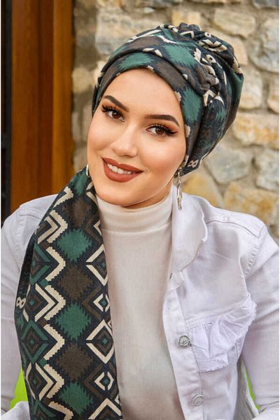 Aişe tesettür Emerald Mink Pattern Buckle Detailed Scarf Cap