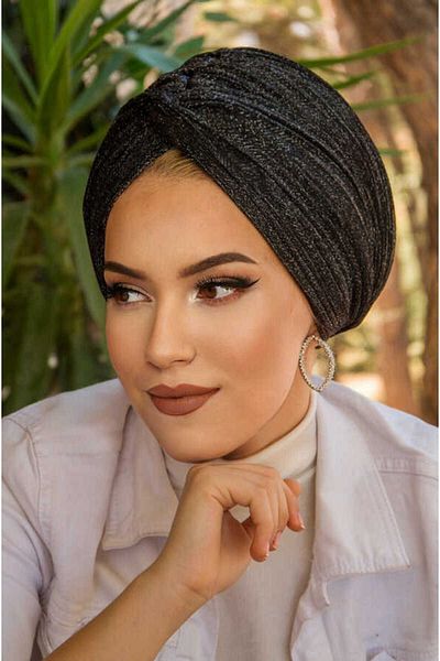 Aişe tesettür Pleated Ready Twist - Black Silver Sparkling Knot Bonnet