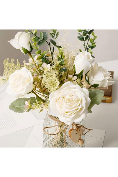 Generic Fake Flowers, Silk Roses Artificial Flowers In Vase, White Faux Flower Arrangement