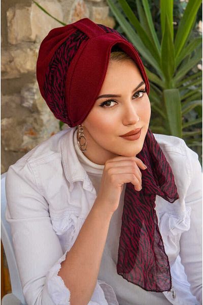 Aişe tesettür Șapcă pentru pălărie eșarfă zebră neagră Burgundy