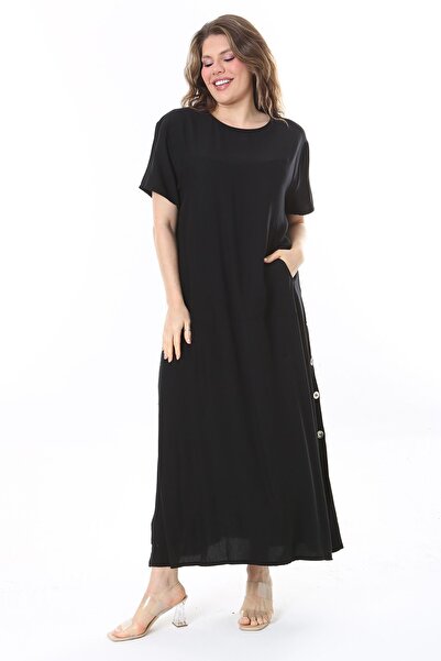 Şans Černé viskózové šaty větší velikosti – kovový knoflík a klokaní kapsa 65N37881