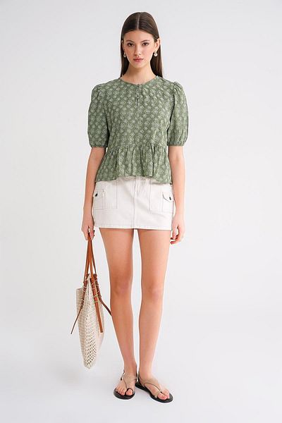 Mixray 4688 Women's Balloon Sleeve Floral Patterned Peplum Blouse Khaki
