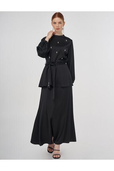 Kayra Stone Embroidered Skirt Double Suit Black