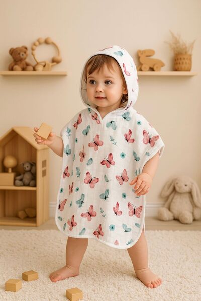 JUNİPERUS Organik %100 Pamuk Müslin Kapşonlu Plaj Çocuk Bebek Panço Bornoz Banyo Havlu 9 Yaşa Kadar
