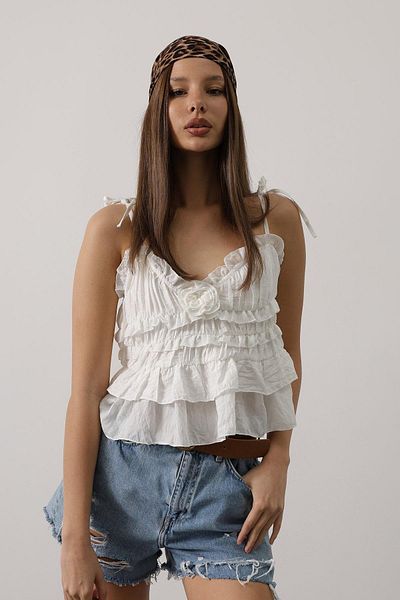 Le Savu Shilsee Women's Rose Detail Floor Embroidered Suspender Bluz White