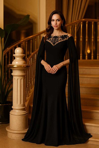 Neva Style Rochie de seară neagră cu pelerină 4411s