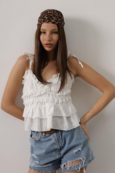 Le Savu Shilsee Women's Rose Detail Floor Embroidered Suspender Bluz White