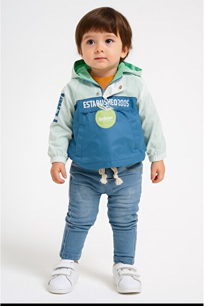 Bebessi Erkek Bebek-çocuk Yarım Fermuar Çıt Çıt Kapama Kapüşonlu Cepli Yağmurluk Tshırt Kot Pantolon Takım