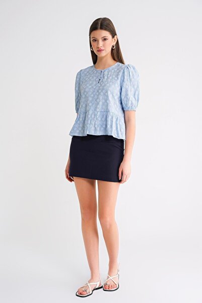 Mixray 4688 Women's Balloon Sleeve Floral Patterned Peplum Blouse Baby Blue