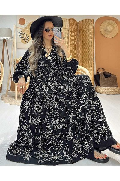 QUAWEAR V-Neck Embroidered Linen Fabric Full Length Dress