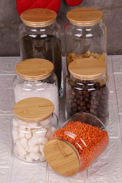 Bambum 6-Pack Glass Storage Container with Vacuum Bamboo Lid 600Ml-800Ml-1300Ml