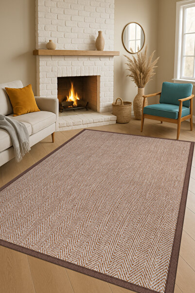 SARAZ HALI 0408-Kahve Kumaş Bordür Sisal Halı Kilim Hav Toz Vermez Kolay Temizlenen Hasır Kilim